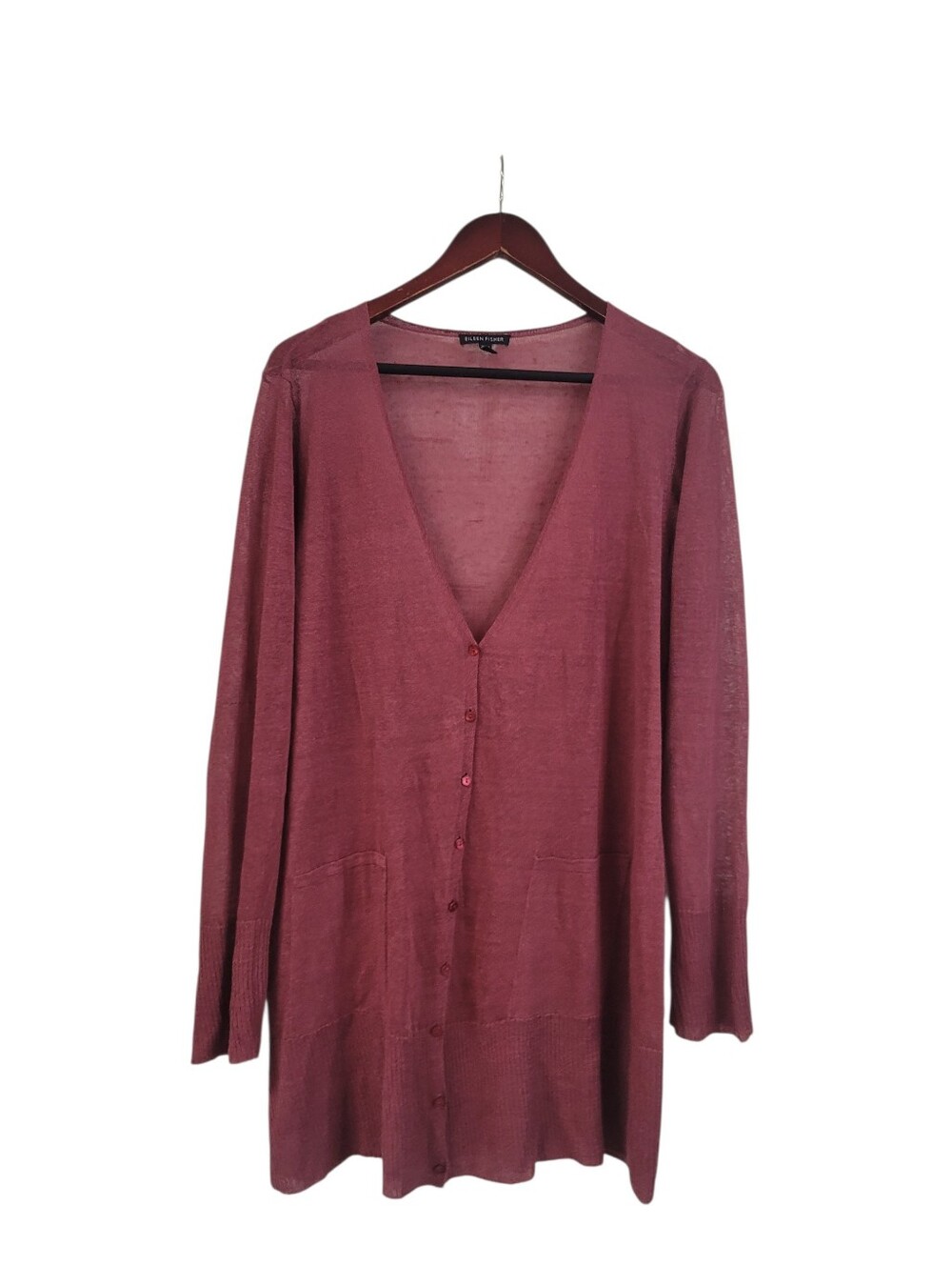 Eileen Fisher Burgundy Sheer Long Cardigan Sweater Medium Hemp Blend.